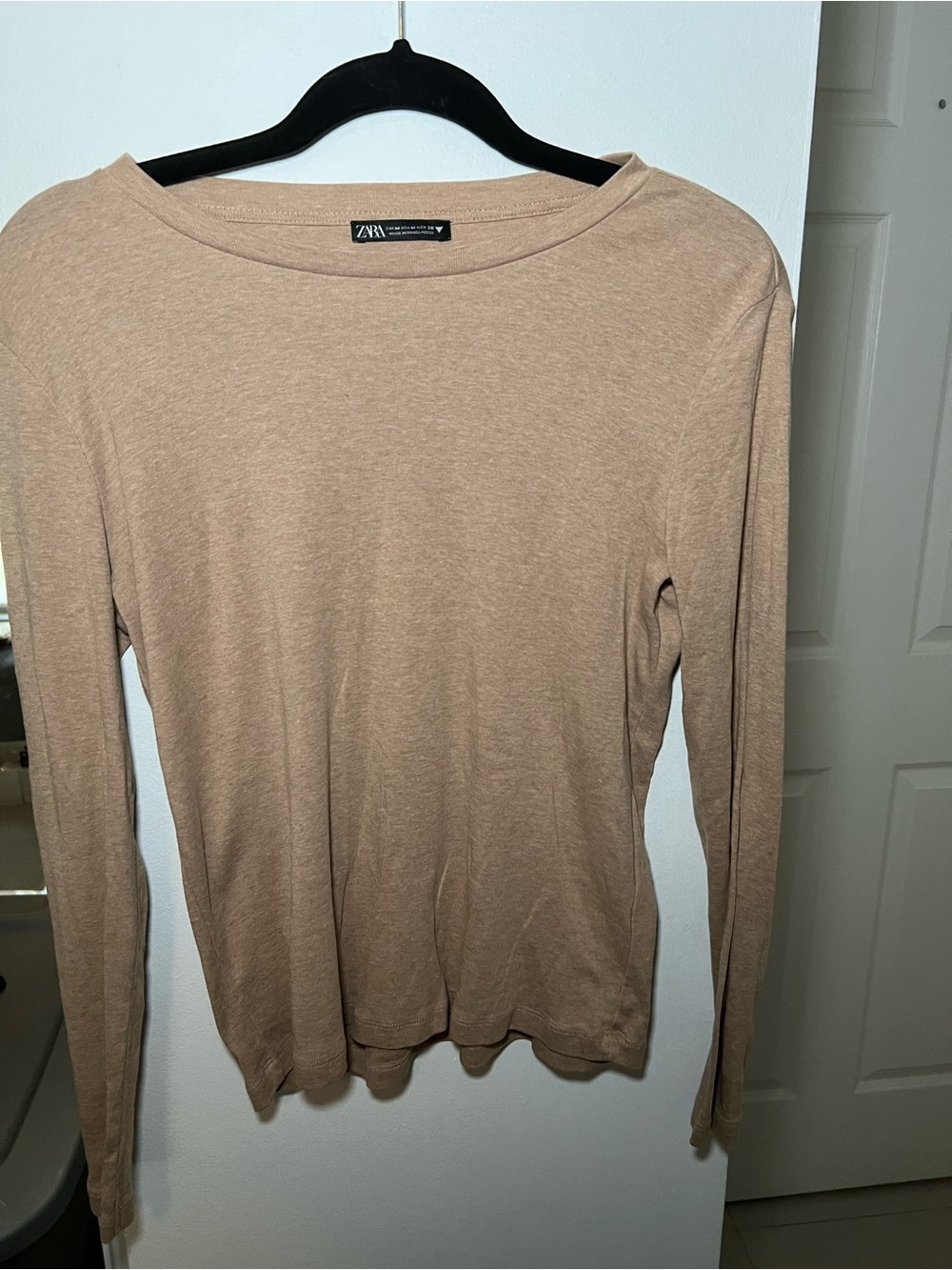 ZARA Long Sleeve Boatneck Top in Beige/Tan